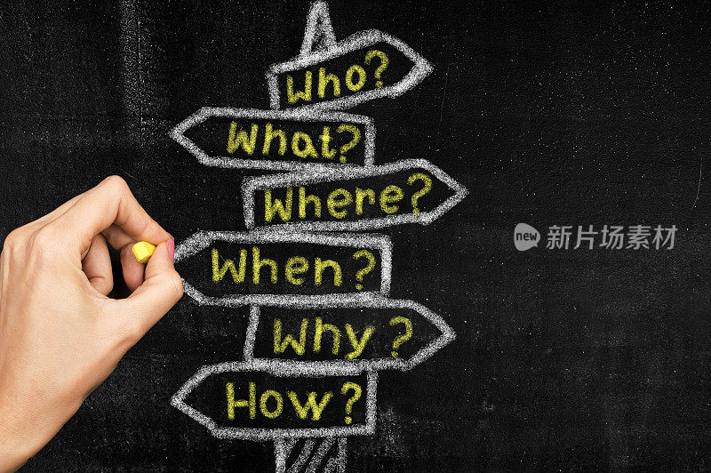 Who, What, Where, When, Why, How- and问号符号。